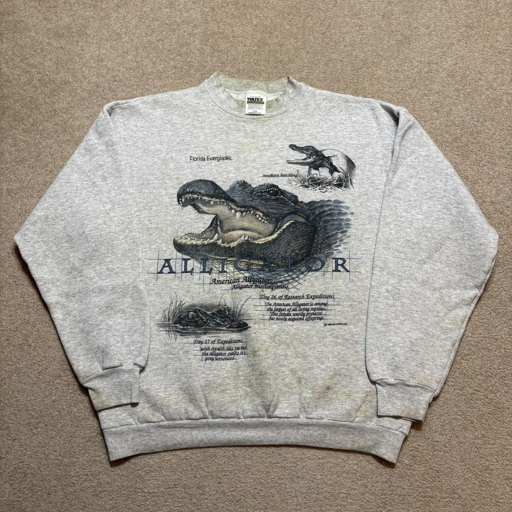 Vtg‎ Alligator Sweatshirt Mens Large Sea World 90s Gray Animal Print Crewneck